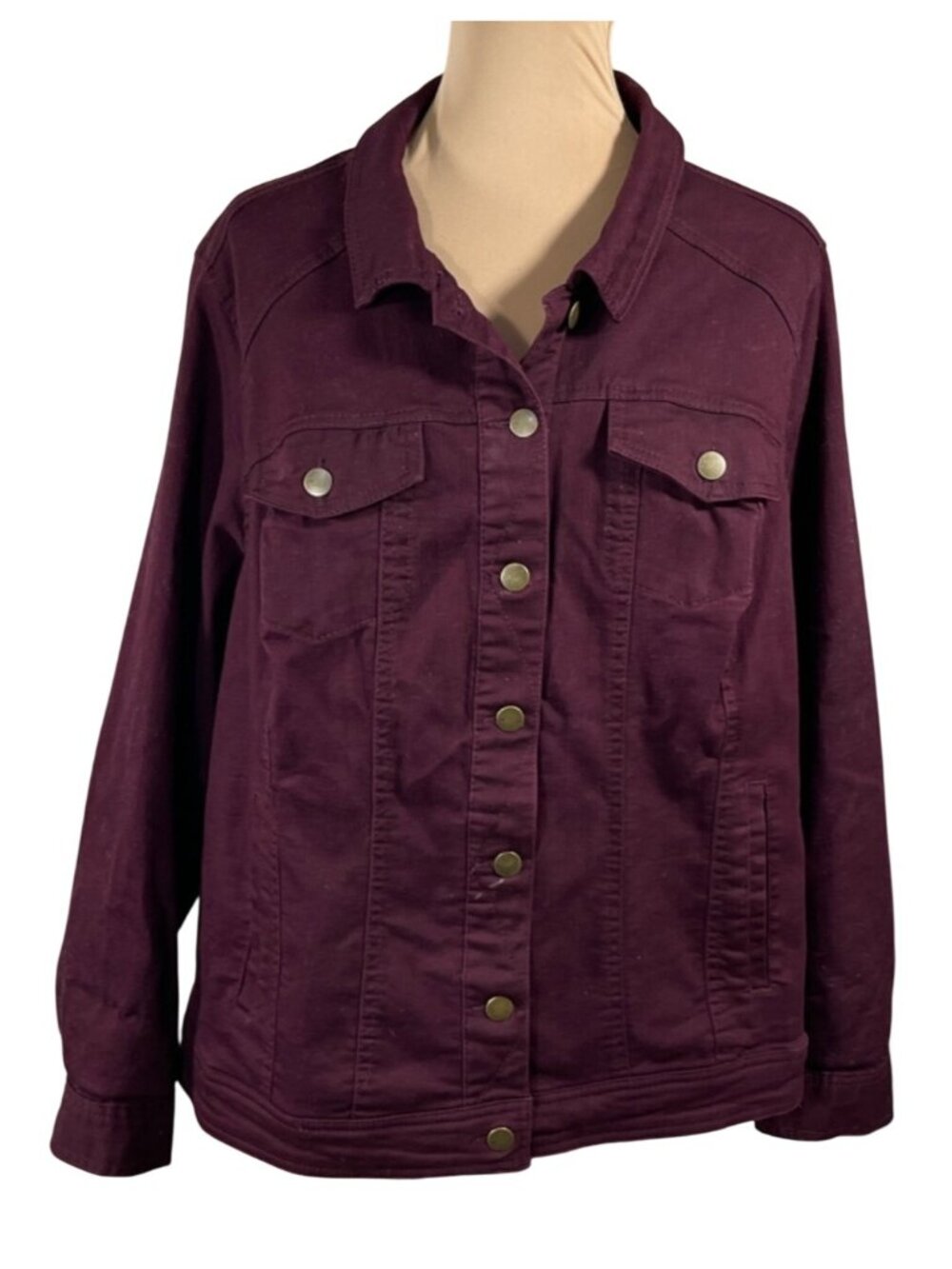 Westport Denim Jacket Size 3X Plum Burgundy Cotton Stretch Button Front